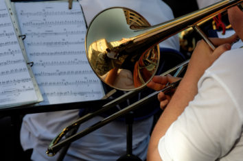 A musician playing a trombone